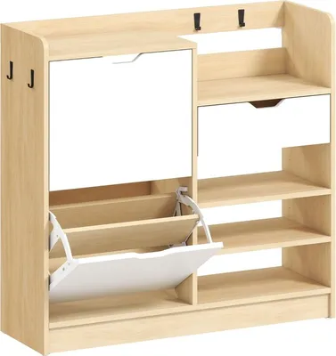Produktbild von Fortuna Lai Schuhregal für Flur, Schuhschrank mit Kippschubladen, offenen Regalen, 4 Haken, für bis zu 14 Paar Schuhe, Natur
