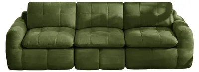 Imagen del producto de Sofá modular de 3 plazas, tapizado en tela de chenilla verde con textura acolchada, de 264 cm de largo