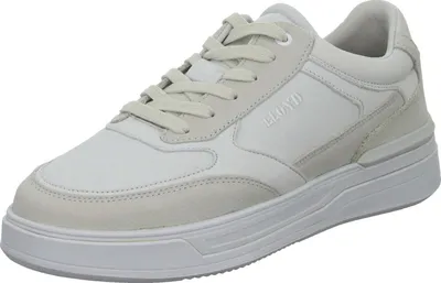 A white and light gray men's sneaker is shown from a side-angle.