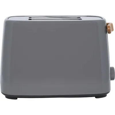 A side view of a gray toaster with a wooden lever.