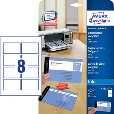 Immagine prodotto di Avery Zweckform® C32015-10 C32015-10 Biglietti da visita premium, 85 x 54 mm, rivestimento speciale a getto d'inchiostro su entrambi i lati - opaco, 10 fogli/80 pezzi