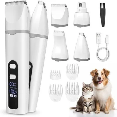 Productafbeelding van 4-in-1 Stille Tondeuse voor Honden en Katten - USB-C Poottrimmer met LCD-Display - Vervilt Poothaar Verwijderen - 2 Snelheidsmodi - Wit