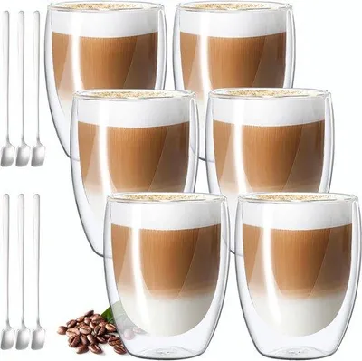Produktbild von Famanu Latte Macchiato-Gläser Doppelwandig mit Löffel - 6 Stück, 350 ml