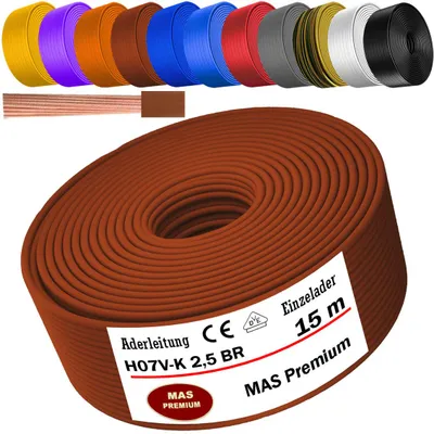 Image de Câble d'alimentation de 15 mètres, type H07 V-K, couleur marron, avec un seul fil de 2,5 mm², flexible