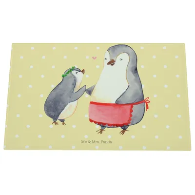 Produktbild von Mr. & Mrs. Panda Schneidebrett Glas Pinguin mit Kind - Gelb Pastell - Geschenk, Schneidplatte, Mom, Tochter, schneidbrett, schneidunterlage, Mutter, Muttertag, Mama, Aus