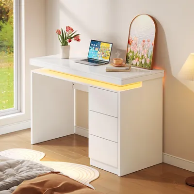 Productafbeelding van MODFU bureau / kantoorbureau met 3 lades, vergroot werkblad, computerbureau met verstelbare LED-verlichting, geschikt voor thuiswerken, wit