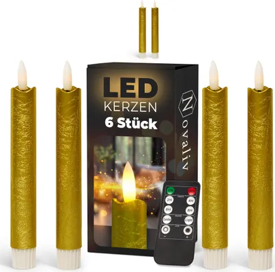 Produktbild von Stabkerzen LED mit Timer GOLD 6 Stück Indoor 6 Stunden ECHTWACHS 18cm Höhe für Kerzen 2,2cm Durchmesser 2 AAA Batterien notwendig LED Stabkerzen 4er Set GOLD (zwei Mal) bewegliche Flamme Licht