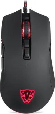 A top-down view of a black gaming mouse with red LED lighting.
