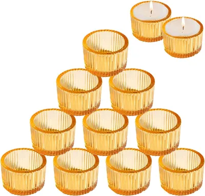 Imagen del producto de Velas pequeñas, estilo vintage, 5 cm x 3,5 cm, juego de 12 pequeños portavelas, portavelas de vidrio, ideales para bodas, fiestas de cumpleaños