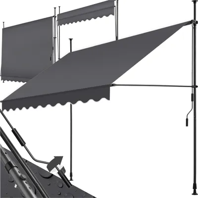 Three gray awnings are shown against a white background. The largest awning is in the foreground, angled towards the viewer. Two smaller awnings are visible behind it, also angled.