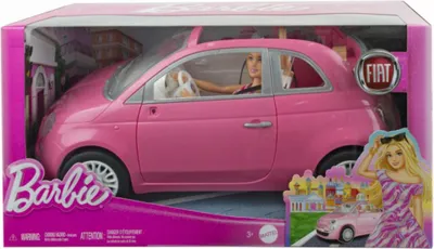 A Barbie doll and her pink Fiat car are displayed in their retail packaging.