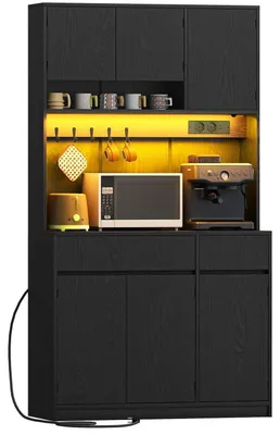 Image de Armoire de cuisine, meuble buffet, meuble haut avec prises, éclairage LED, plan de travail, 2 tiroirs, 40x100x180 cm, noir