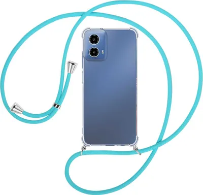 Produktbild von Handykette Backcover-Schutzhülle mit Band (Metall silberfarben) für Motorola Moto G34 5G - türkis