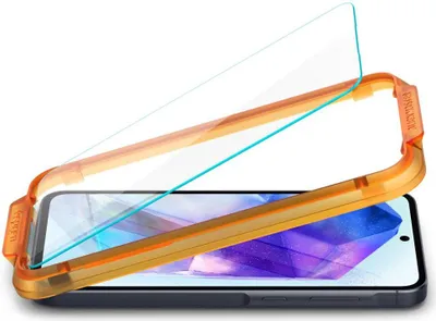 A screen protector and installation frame for a smartphone, shown from a slightly elevated angle.