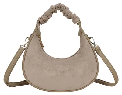 Zdjęcie produktu dla Elegancka damska torebka typu "hobo" w kolorze taupe, wykonana z materiału przypominającego aksamit, z regulowanym paskiem do noszenia na ramieniu