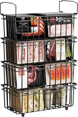Zdjęcie produktu dla Kosze do zamrażarki 37x18x15 cm, 4 szt., sztaplowane, z uchwytem, do zamrażarki, czarny