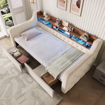 Immagine prodotto di Letto imbottito 90 x 190 cm con 2 cassetti, illuminazione LED, porte USB e Type-C, testiera con vani portaoggetti, rete a doghe, rivestimento in velluto, colore beige
