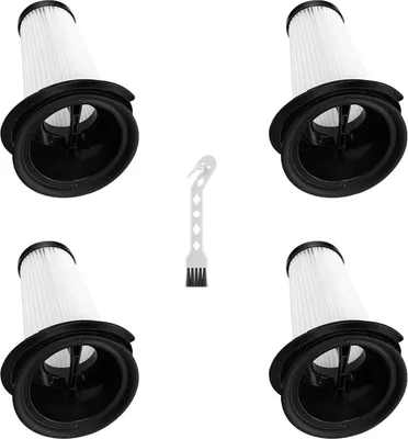 Four vacuum cleaner filters and a small cleaning brush are arranged on a white background.