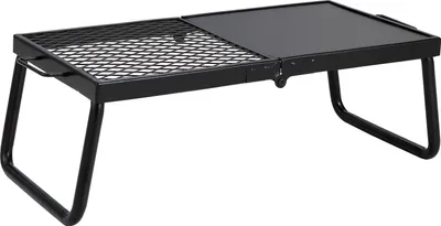 A black metal folding grill with legs, shown from a slightly elevated front-left angle against a white background.