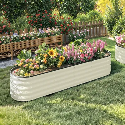 Produktbild von Metall Hochbeet 240x61x43cm, Ovales Gartenbeet, Pflanzkasten, mit Sicherheitsgummi, für Gemüse, Blumen - Garten Outdoor - Beige