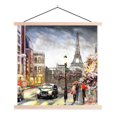 Produktbild von MuchoWow® Textilposter Gemälde - Paris - Frankreich - Öl 60x60 cm mit holzfarbenen Rahmen - Wanddekoration
