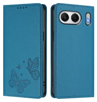 Produktbild von Lederhülle für OnePlus Nord 4, Schmetterling Prägung Leder Brieftasche Schutzhülle mit Ständer Blau