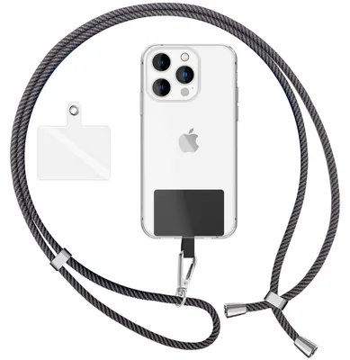 Immagine prodotto di NALIA Cordino universale con 2 cuscinetti e moschettone - Catena per cellulare da 160 cm - Grigio nero