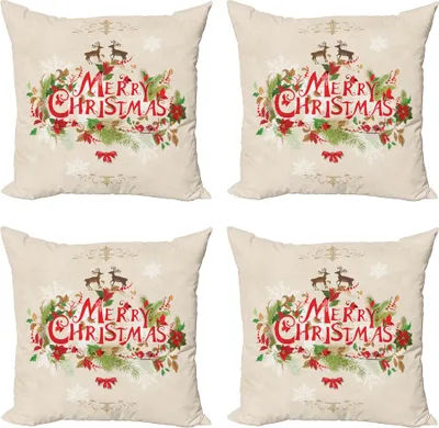 Produktbild von ABAKUHAUS Weihnachten Kissenbezug Set (4 Stück), Floral Merry Xmas, Moderner Doppelseitiger Digitaldruck, 50 cm x 50 cm, Grün, Rot, Tan