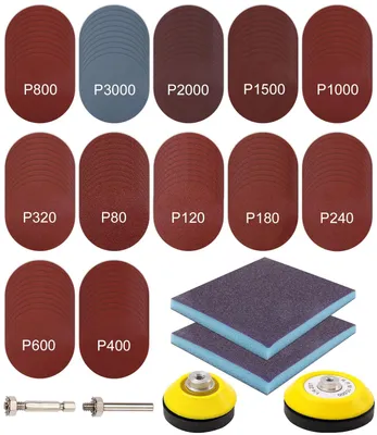 Produktbild von 128-teiliges Schleifblatt Set 75mm mit Klett, Körnung 80-3000, 2 Polieraufsätze, Halter für Akkuschrauber, für Metall, Holz, Stein, Leder, Kunststoff