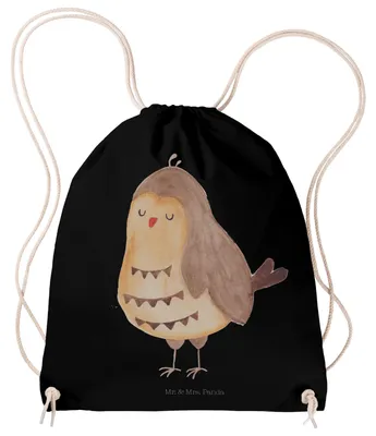 Produktbild von Mr. & Mrs. Panda Sportbeutel Eule Zufrieden - Schwarz - Geschenk, gymnastiktasche, Hochzeitstag, Waldtier, Rucksackbeutel, Säckchen, Jutebeutel, glücklich, Turnbeutel