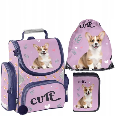 Immagine prodotto di Set da scuola da 3 pezzi per bambine e bambini con motivo CORGI – Paso: zainetto, astuccio, borsa