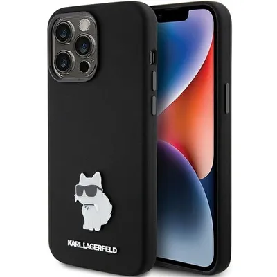 A black iPhone case with a white Choupette cat design and the Karl Lagerfeld logo is shown against a white background.