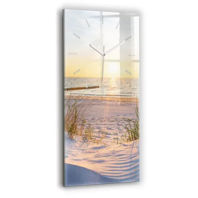 Produktbild von Wallfluent Wanduhr – Stilles Quarzuhrwerk - Uhr Dekoration Wohnzimmer Schlafzimmer Küche - Zifferblatt mit Strichen - weiße Zeiger - 30x60 cm - Sonnenuntergang am Meer