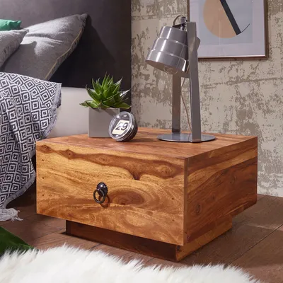 Image de FineBuy Table de nuit basse en bois massif de Sheesham - Table de nuit faite main avec tiroir, design plat Futon Console de nuit - 40x40x25 cm