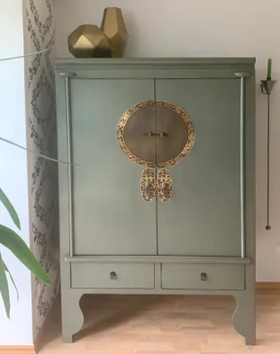 Produktbild von Opium Outlet Meble Szafka Komoda Kredens Szafka Ślubna Azjatyckie Orientalne Chińskie Drewno Vintage Oliwkowa Zieleń
