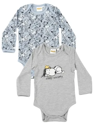 Produktbild von The Peanuts Snoopy Baby Body für Jungen 2er Set - Strampler Schlafstrampler Langarm Blau/Grau 74-80