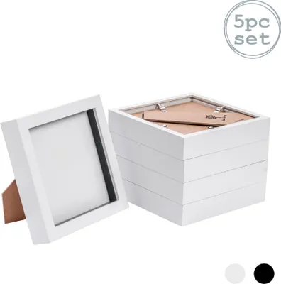 A set of five white photo frames stacked together, with one frame standing in the foreground.