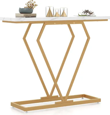 Produktbild von DREAMADE 100 cm langer moderner Konsolentisch mit Kunstmarmorplatte und rautenförmigem Rahmen, langer Sofa-Beistelltisch mit goldenem
