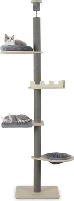 Image de Arbre à chat COSTWAY du sol au plafond, 236-271 cm, arbre à chat à 5 étages, troncs épais, arbre à chat haut, arbre à grimper avec hamac, panier&lit, gris