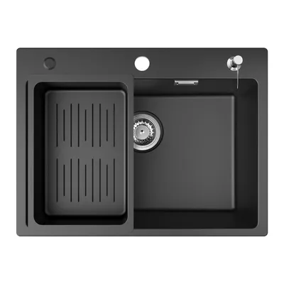 Produktbild von CECIPA MAX Spülbecken Schwarz Granit 60x45  Küchenspüle Rechteckig, Moderne Einbauspüle Granit, Waschbecken Küche, Einzelbecken mit 2 HahnLöcher