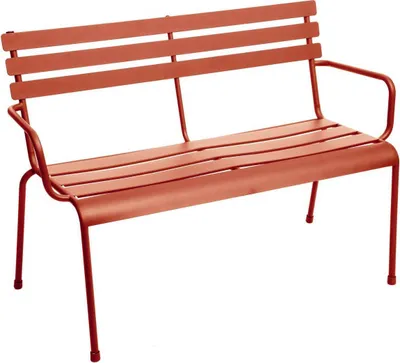A red metal garden bench is shown against a white background.