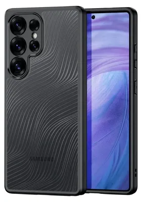 A close-up shot of a black smartphone case with a textured wave pattern, placed next to the smartphone it is designed for.