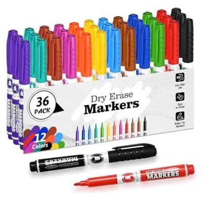 Zdjęcie produktu dla Markery do tablic suchych, o słabym zapachu, z średnio cienką, okrągłą końcówką, z klipsem, 36 sztuk, 12 kolorów