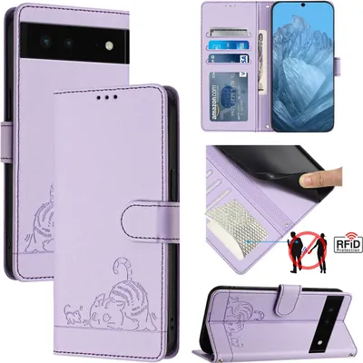 Produktbild von Leder Hülle für Google Pixel 6 Süße Katze Flip Case Brieftasche Schutzhülle mit Standfunktion Lila