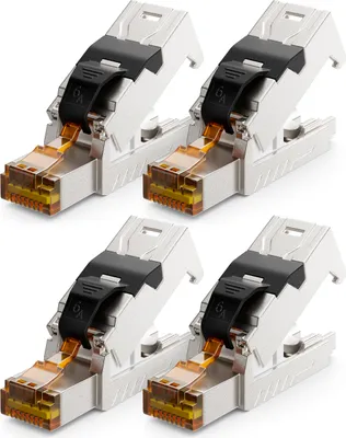 Produktbild von deleyCON 4x CAT 6a Netzwerkstecker RJ45 mit LSA Anschluss Werkzeuglos für Starre Verlegekabel LAN Kabel Netzwerkkabel RJ45 Stecker CAT6a Geschirmt Metallgehäuse 10Gbit/s