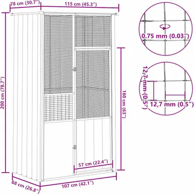 Produktbild von vidaXL Voliere Grau 115x78x200 cm Verzinkter Stahl