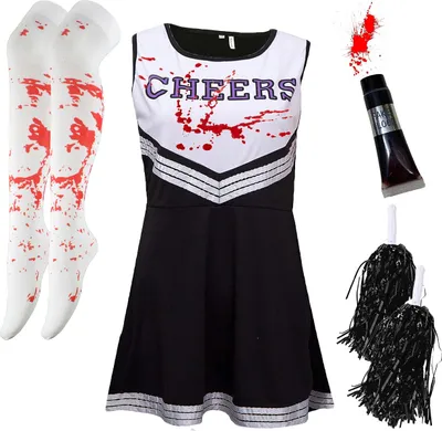 Produktbild von Cheerleader-Kostüm für Damen, Halloween-Kostüme für Damen, Cheerleader, Halloween-Kostüm, Erwachsenenkostüm, Zombie-Cheerleader, Halloween-Kostüm für Damen, totes Cheerleader-Blutschlauch, Strumpf,