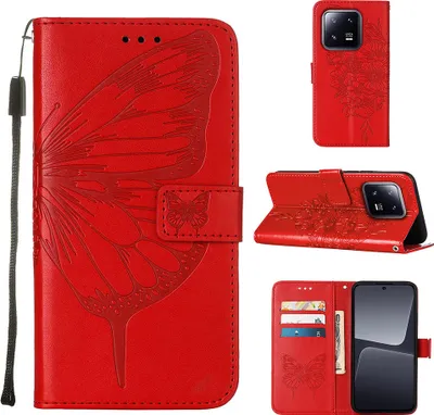 Produktbild von Lederhülle für Xiaomi 13 Pro Schmetterling Prägung Flip Ledertasche Kartenfächer Handyhülle mit Ständer Rot