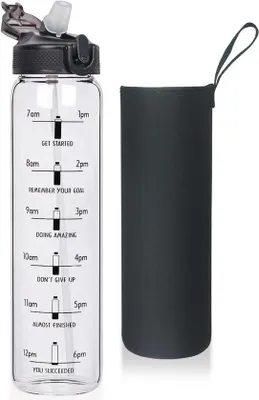 Produktbild von Famanu Glas Wasserflasche 1 Liter - BPA-frei und auslaufsicher mit Zeitmarkierungen