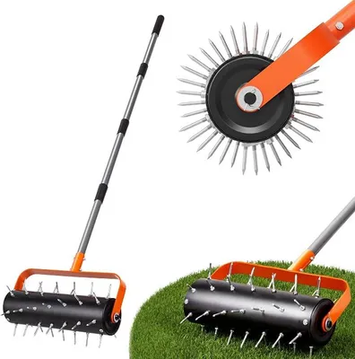 Productafbeelding van Verticuteerrol, robuuste verticuteerrol met 42 stalen pennen en verstelbare handgreep, handmatige verticuteerder voor het beluchten en losmaken van de grond, geschikt voor tuin en gazon | Verstelbare handgreep, 180,3 cm lang, robuuste handmatige verticuteerder